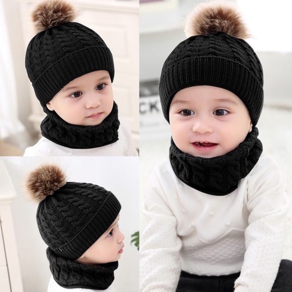 Other - 🚫Sold🚫 Black Baby Hat Fur Pom Pom & Ring Scarf